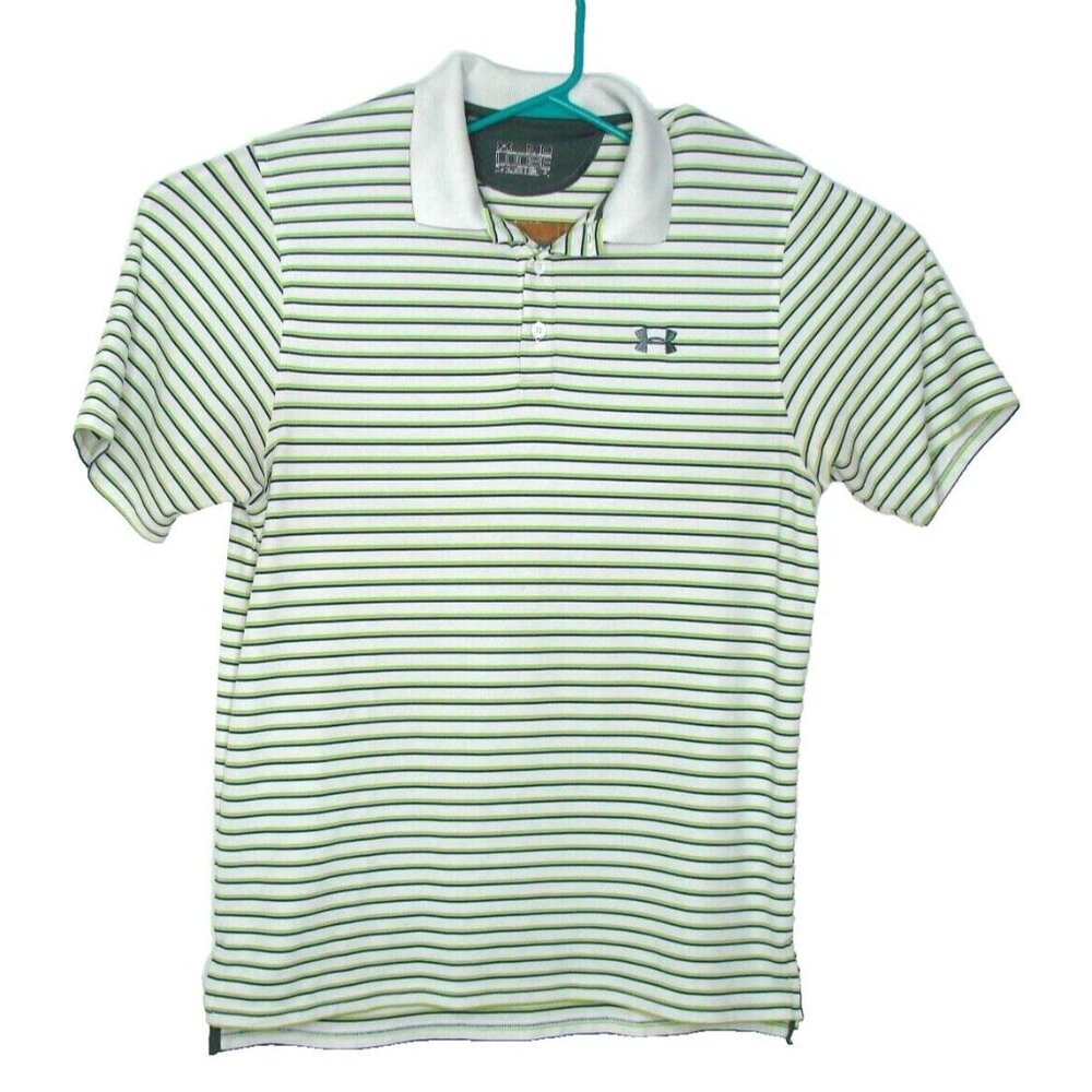 Under Armour Mens Golf Polo Shirt Athletic Medium Green Blue Striped Heat Gear